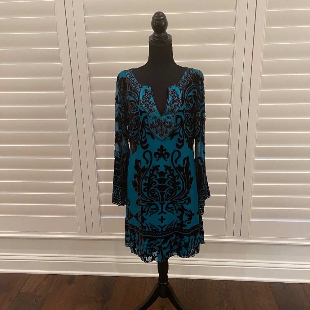 Hale Bob size M silk dress turquoise with black velvet burnout